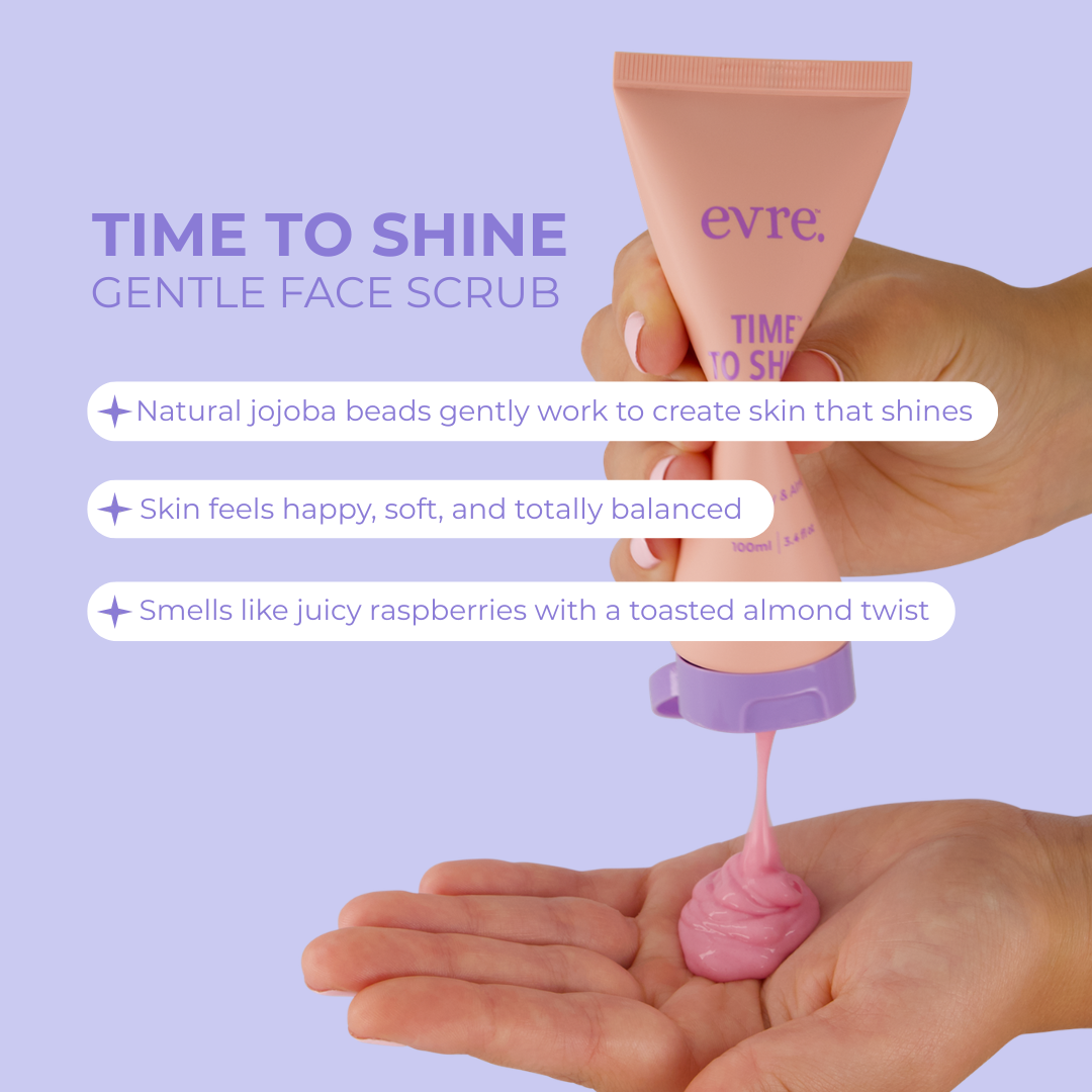 evre gentle face scrub being applied to a hand with product details on a light purple background