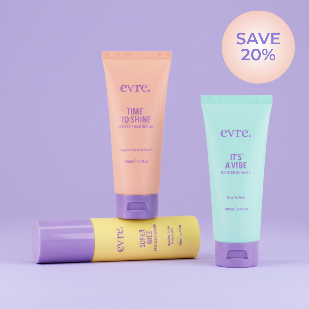 Three Evre skincare products on a purple background with a 20% off badge.