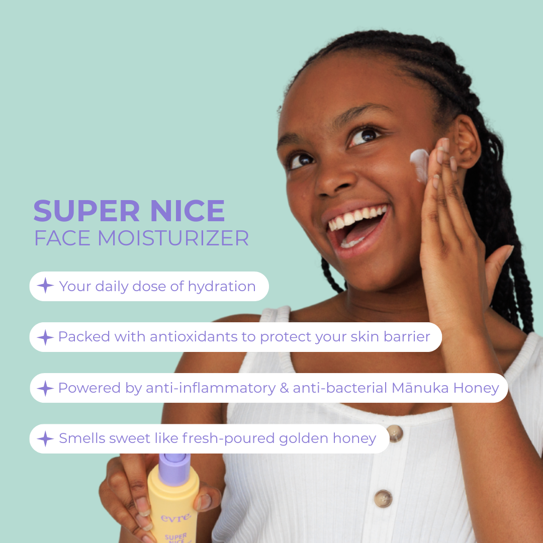 Girl applying face moisturizer with product details on a light blue background
